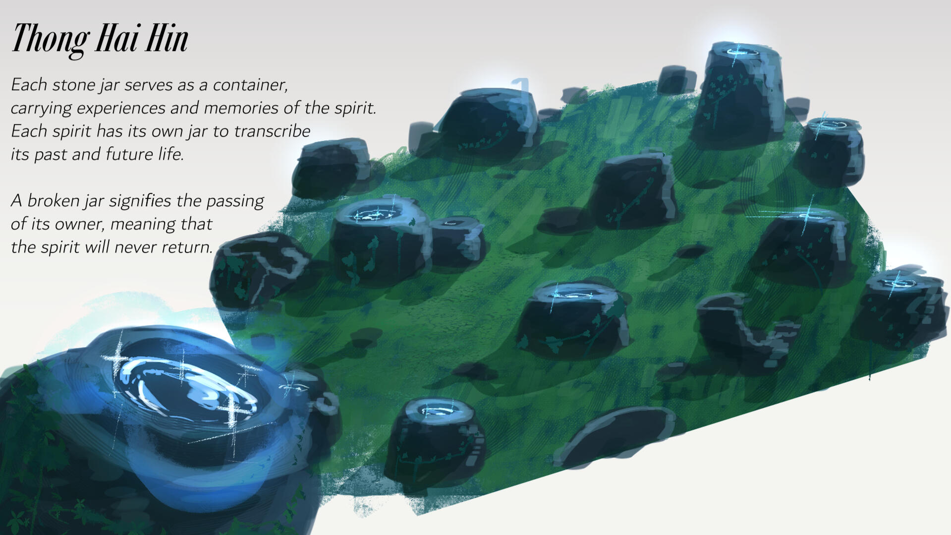 Thong Hai Hin (The Plain of Jars): A real-world site in Laos where hundreds of ancient stone jars are scattered across the landscape. Lore & Purpose: Local legends suggest these jars were once used to store rice beer for a race of giants, while others bel
